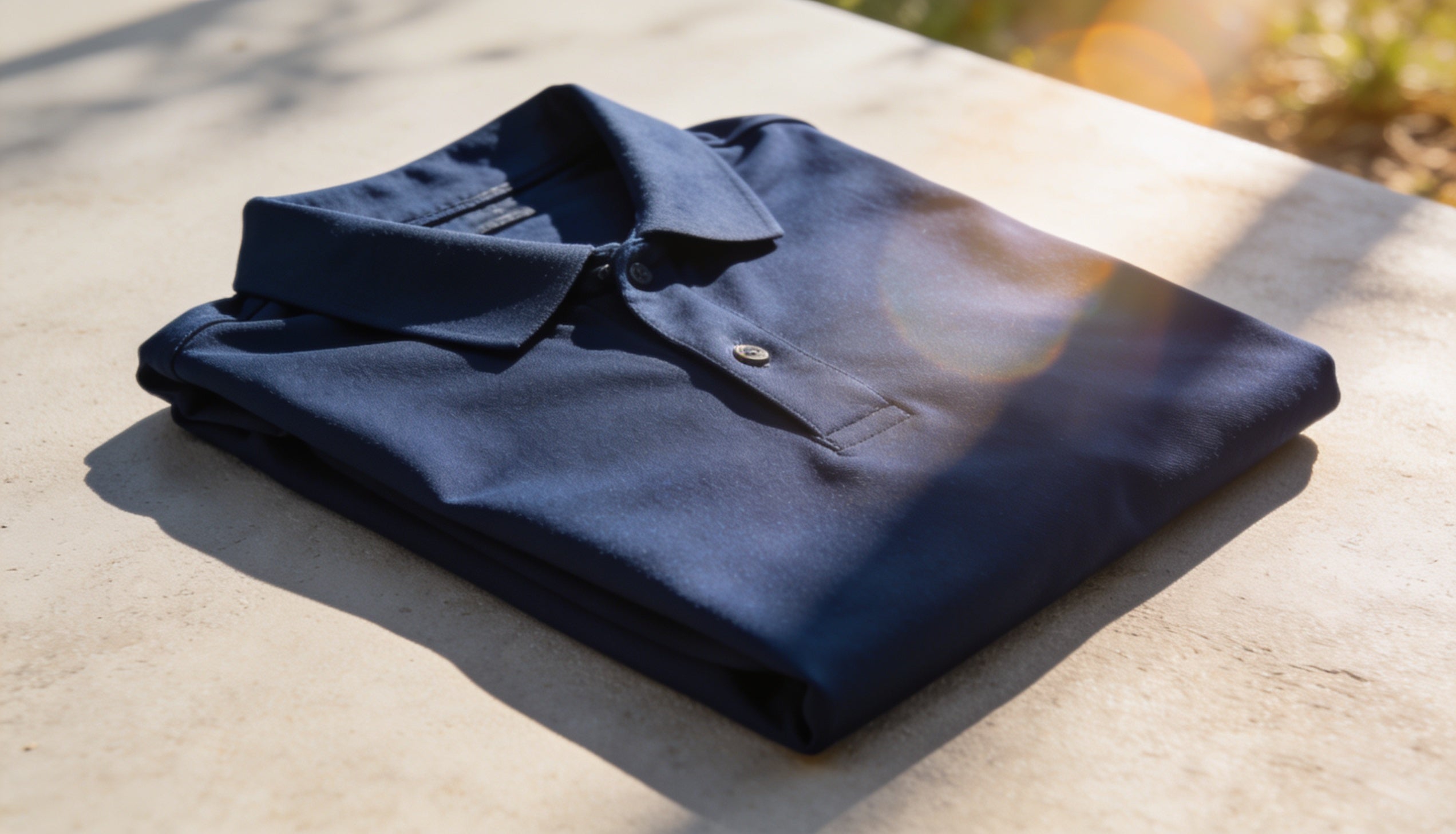 Navy performance polo folded in natural sunlight