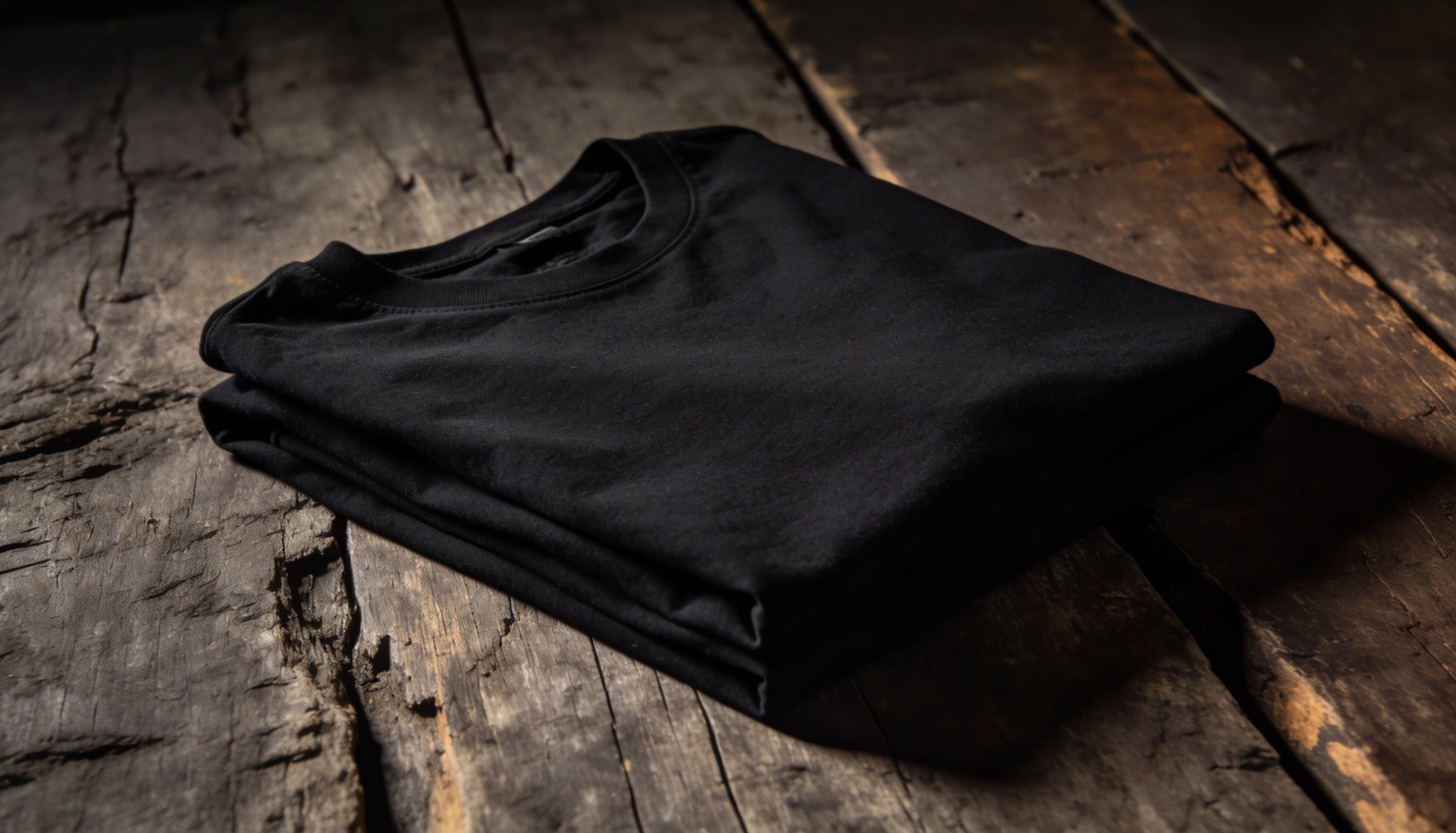 Folded heavyweight black cotton t-shirt on raw wood surface