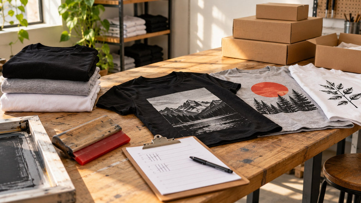 Print shop table with small stacks of blank t-shirts and sample prints for a small-batch test run