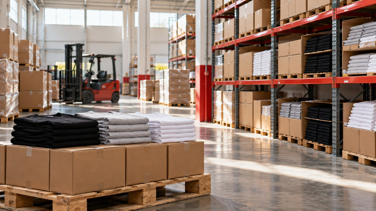Apparel warehouse shelves stacked with cartons of blank t-shirts
