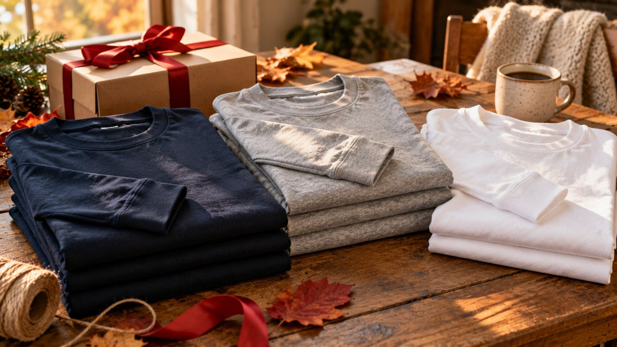 Folded blank long sleeve t-shirts with autumn leaves and a gift box for holiday merch