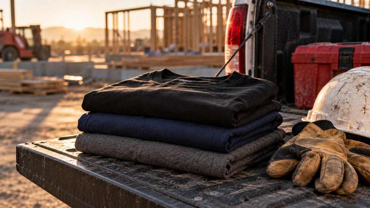 Stack of blank work t-shirts on a truck tailgate with gloves and a hard hat at a job site