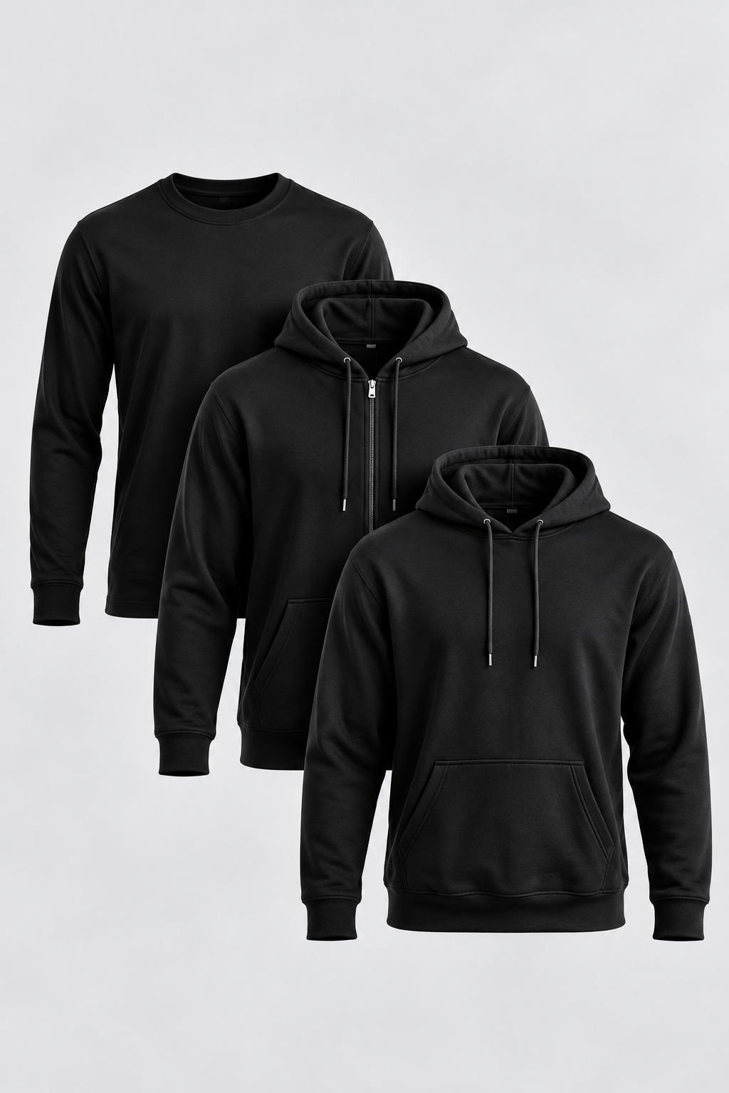 Black Heavy Fleece & Tee 3-Piece Bundle – Hoodie, Zip Hoodie & Long-Sleeve Tee