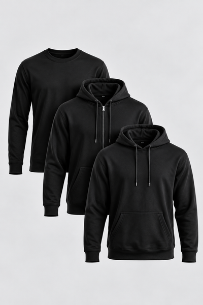 Black Heavy Fleece & Tee 3-Piece Bundle – Hoodie, Zip Hoodie & Long-Sleeve Tee