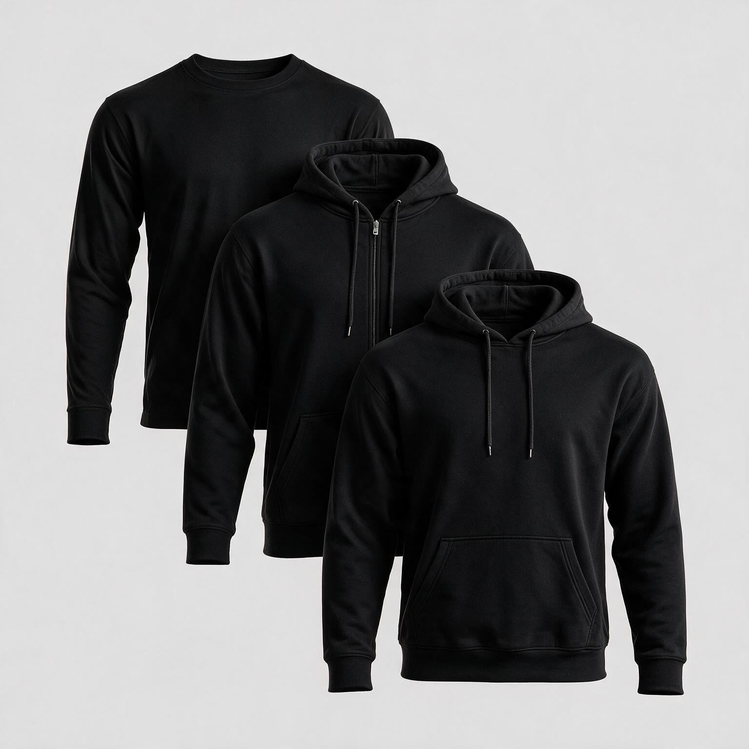 Black Heavy Fleece & Tee 3-Piece Bundle – Hoodie, Zip Hoodie & Long-Sleeve Tee