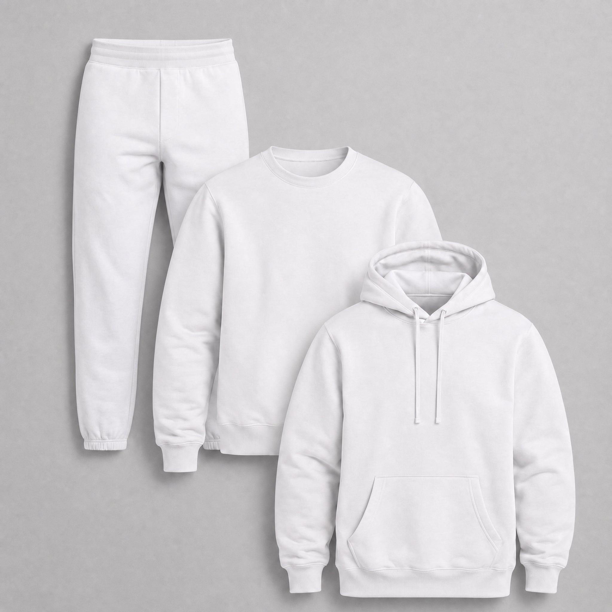 White Fleece Lounger 3-Piece Bundle – Crewneck, Hoodie & Jogger