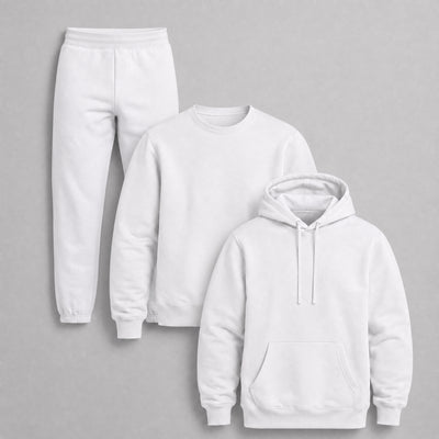 White Fleece Lounger 3-Piece Bundle – Crewneck, Hoodie & Jogger